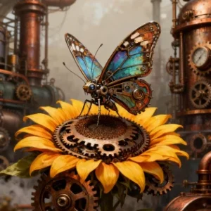 Mechaniczny motyl na słoneczniku steampunk    40x50