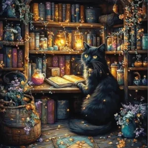 Magiczny czarny kot w bibliotece                          40x40