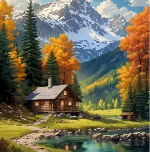 Górski domek nad jeziorem jesień                      30x40